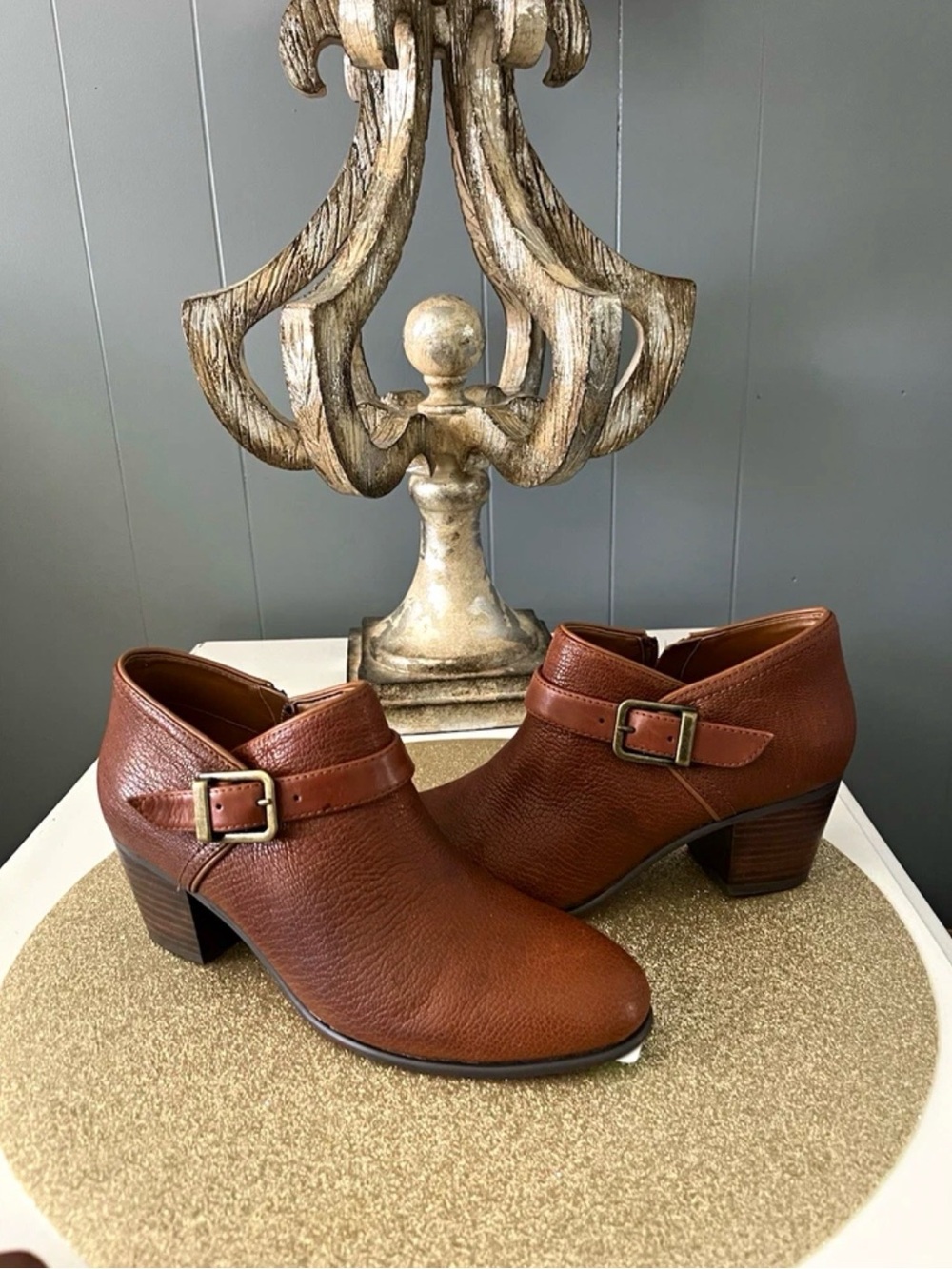 Clarks Cognac Brown Leather Buckle Ankle Booties